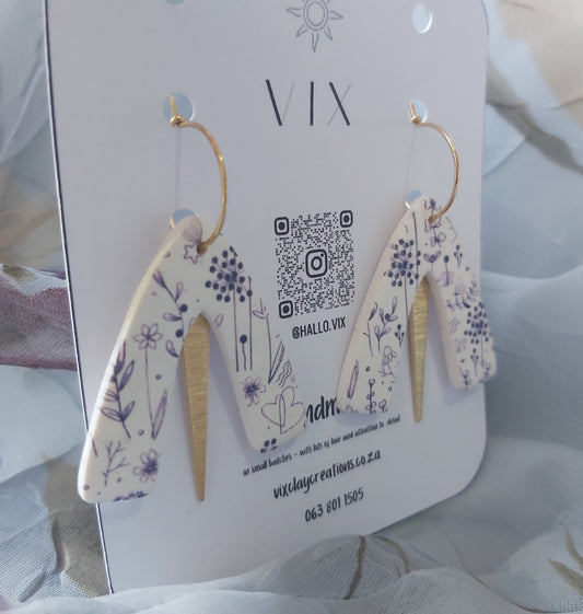 Handmade Polymer Clay Earring - Geometric Dark Blue Floral Design 02