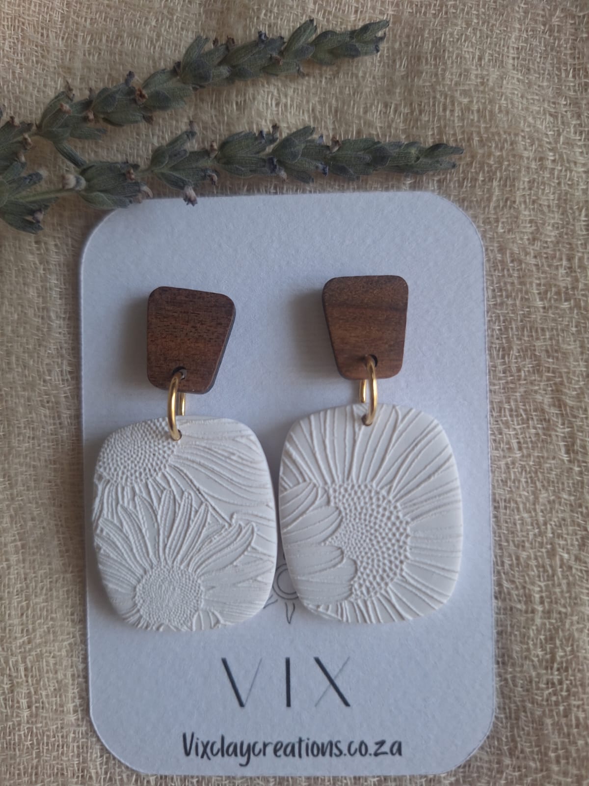 Handmade Polymer Clay White Sunflower Patterned Earring