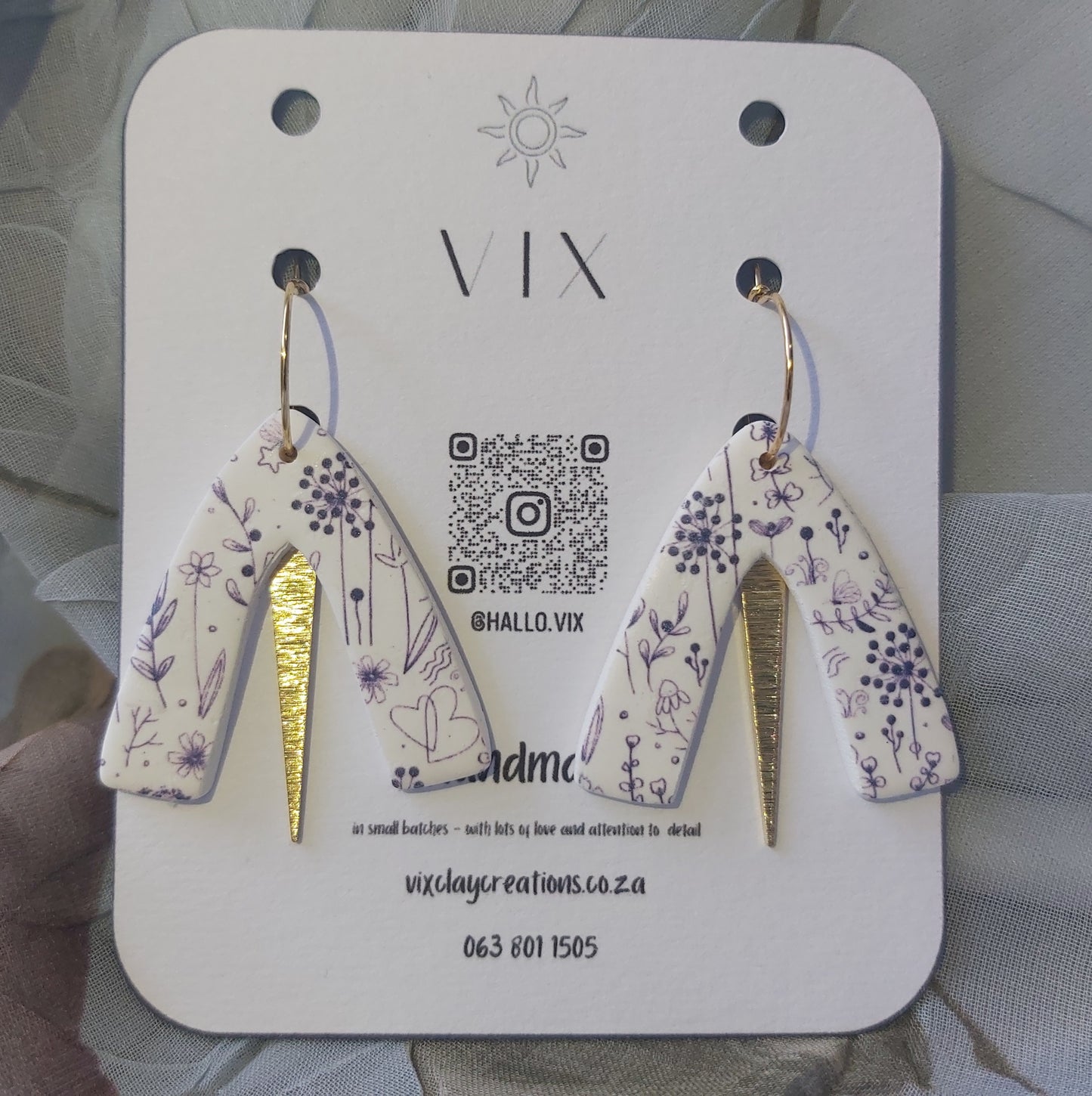 Handmade Polymer Clay Earring - Geometric Dark Blue Floral Design 02