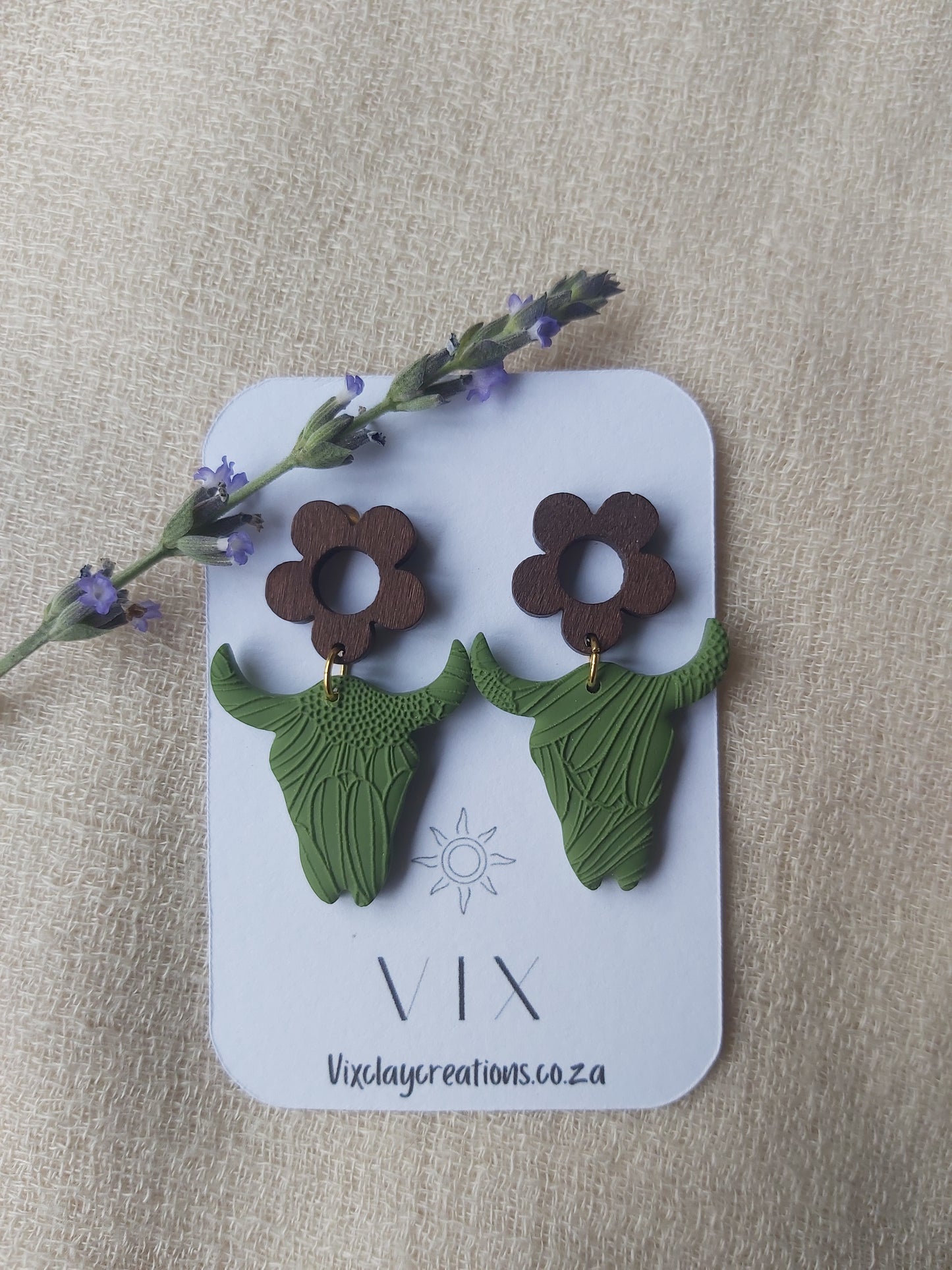 Sunflower Patterned Bull Skull Polymer Clay Earring - Olive Green