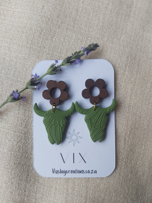 Sunflower Patterned Bull Skull Polymer Clay Earring - Olive Green