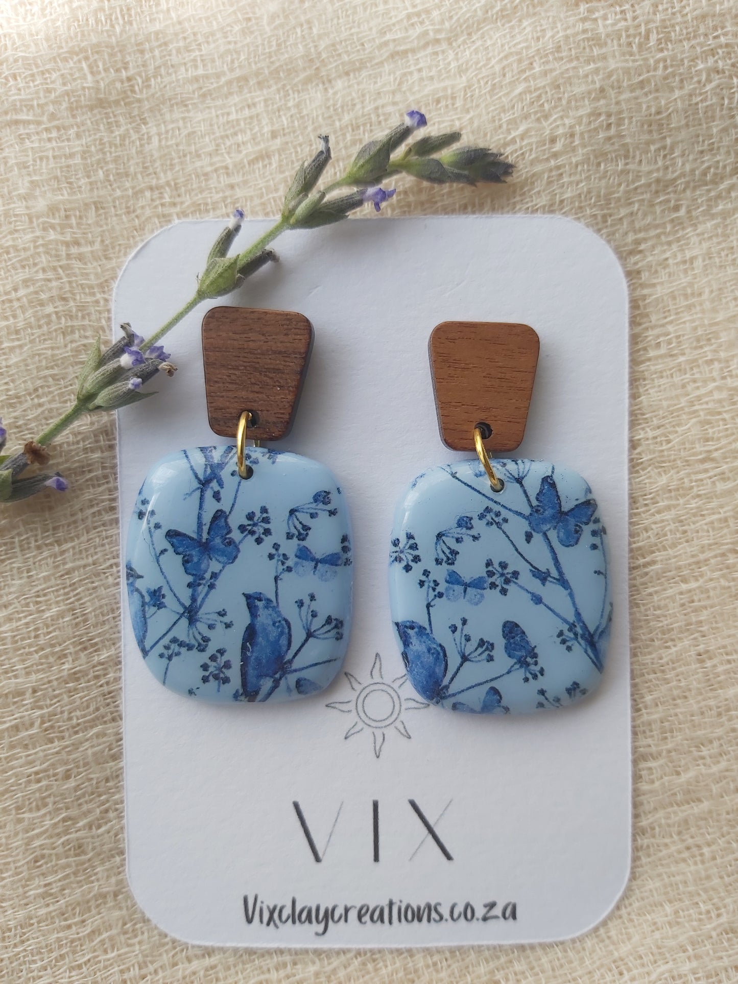 Handmade Polymer Clay Blue Nostalgia - Wooden Stud