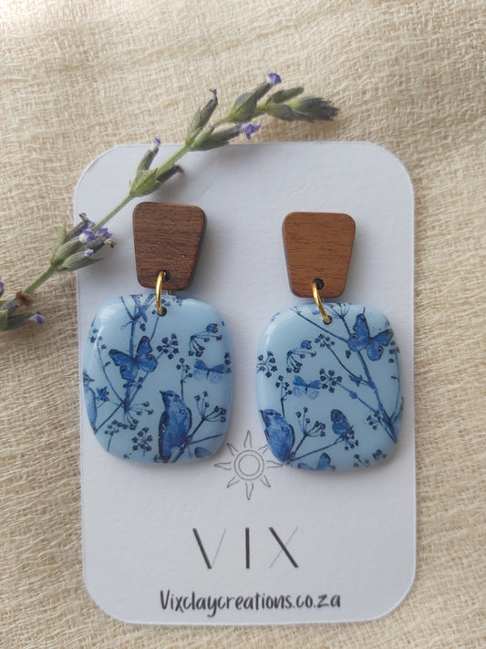 Handmade Polymer Clay Blue Nostalgia - Wooden Stud