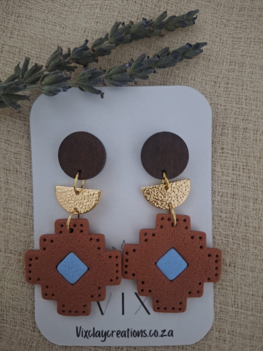 Handmade Polymer Clay Terracotta Aztec Earring - 18k Gold plated half moon Connector
