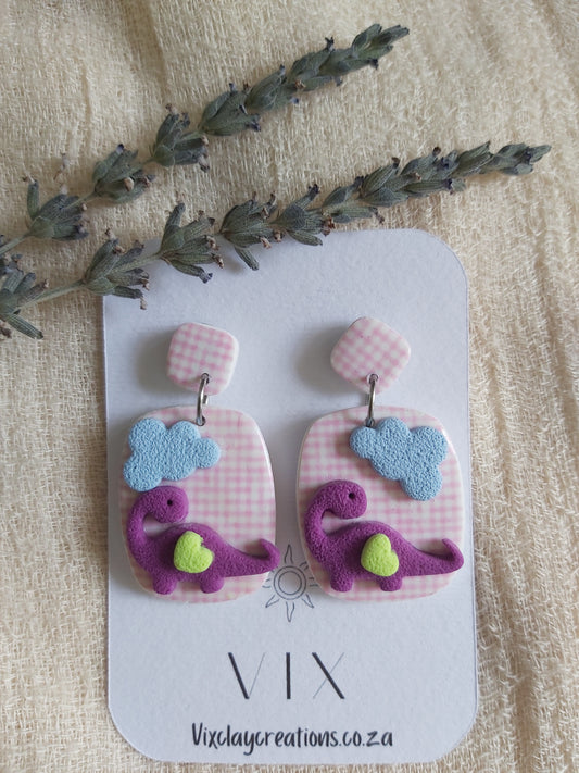 Handmade Polymer Clay Checkered Dino Earrings