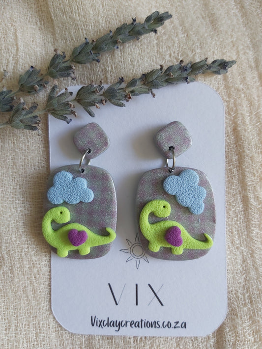 Handmade Polymer Clay Gingham Dino Earrings