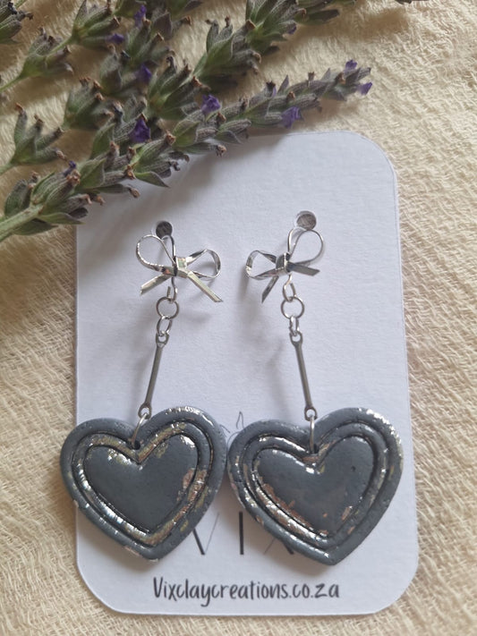 Handmade Polymer Clay Dark Gray Embossed Heart with Platinum plated Bow Tie Hook