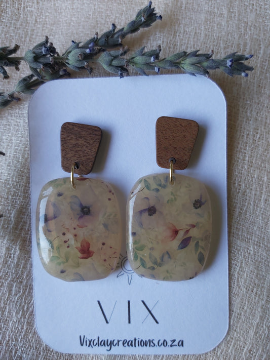 Handmade Polymer Clay Floral Earring - Wooden Stud - Stainless Steel Pin