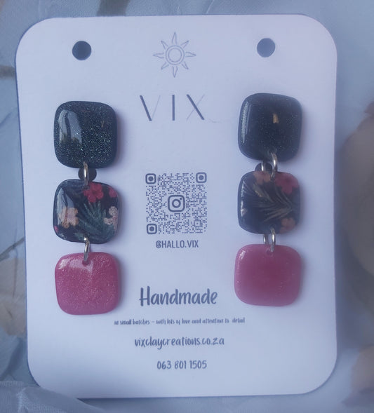 Handmade Polymer Clay Earring - 3 Tile Hibiscus Design