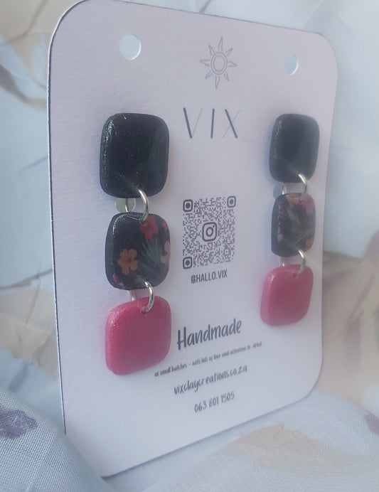 Handmade Polymer Clay Earring - 3 Tile Hibiscus Design