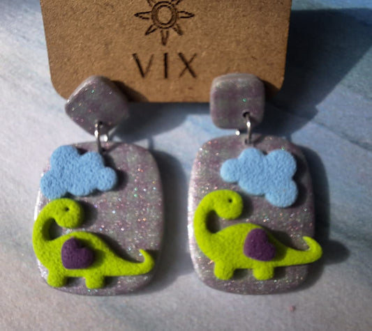 Handmade Polymer Clay Gingham Dino Earrings