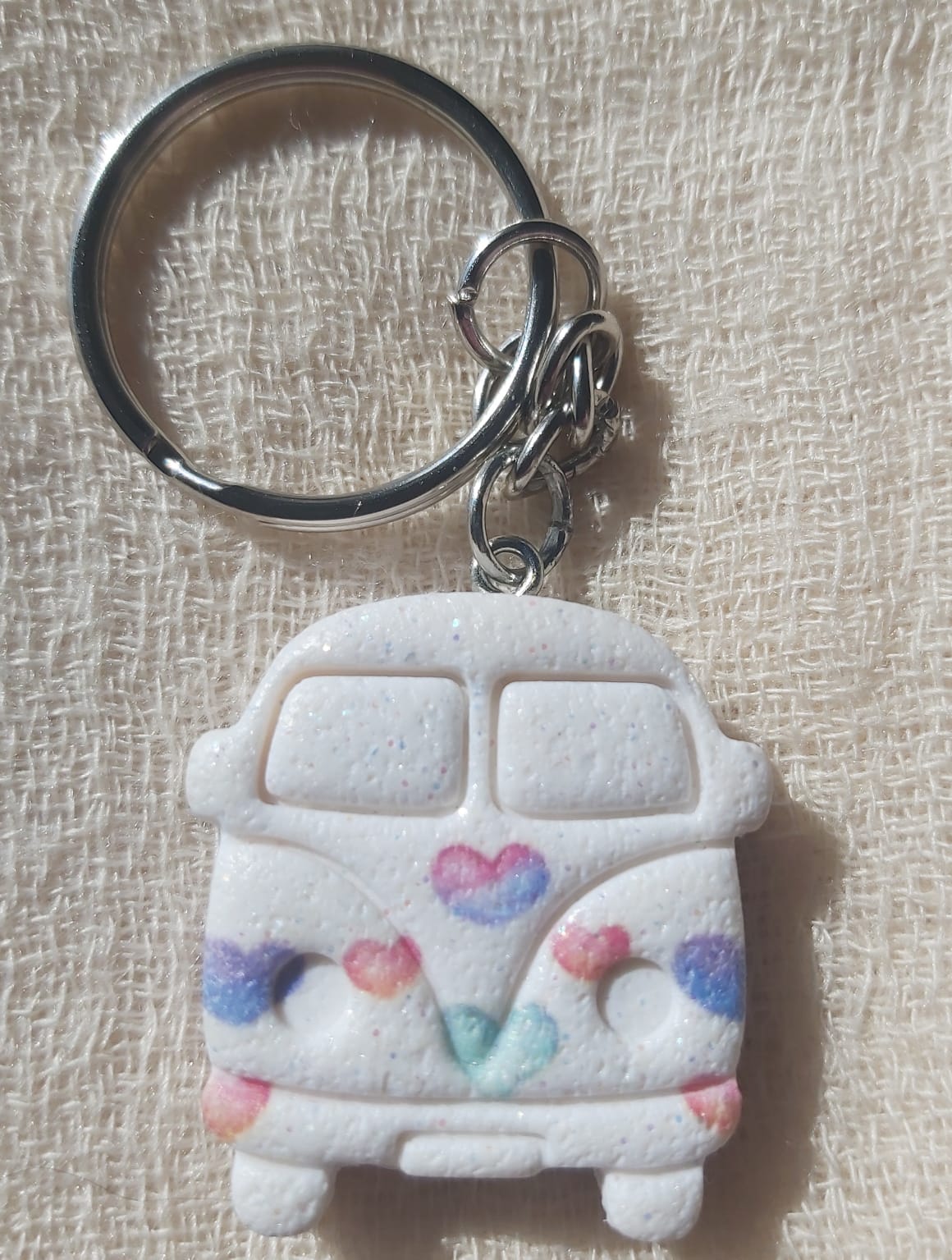 Handmade Polymer Clay Keychain VW Pastel Heart Pattern