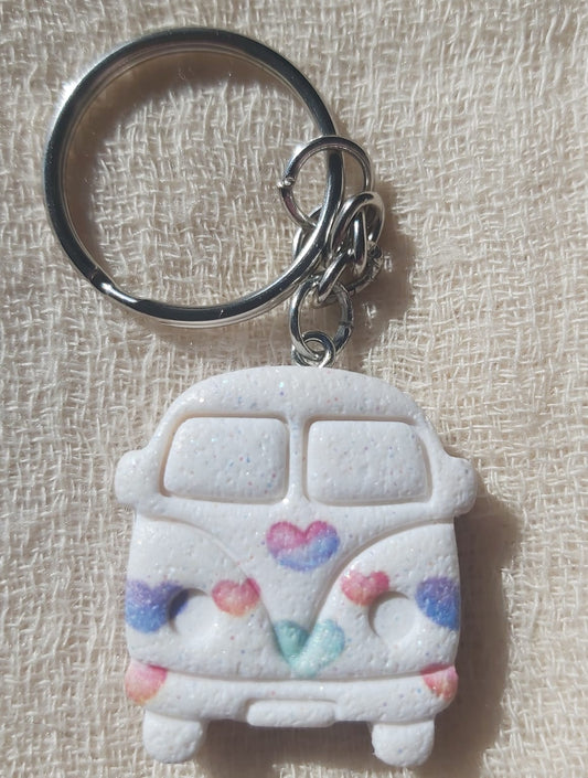 Handmade Polymer Clay Keychain VW Pastel Heart Pattern