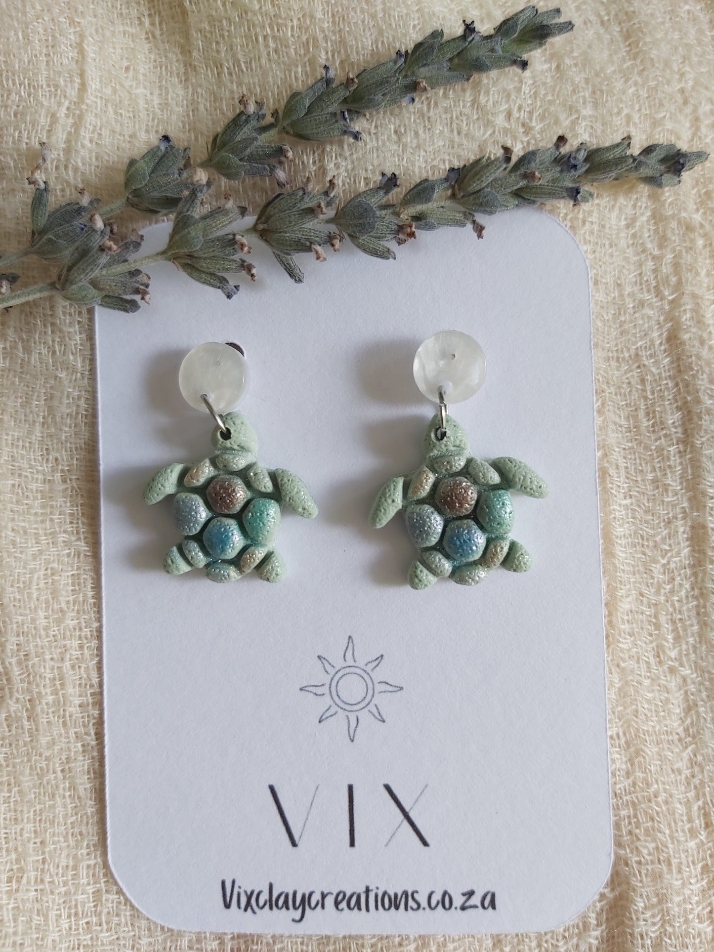 Handmade Polymer Clay Shimmer Sage Turtle - White Mother of Pearl Acrylic stud