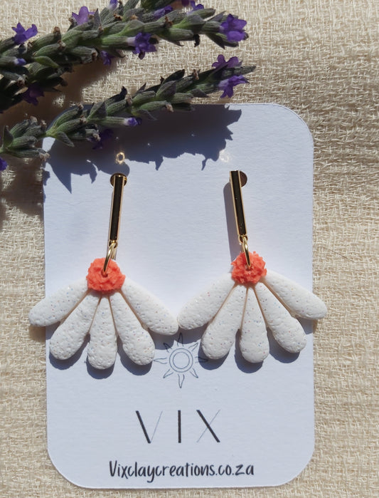 Handmade Polymer Clay Frost White Daisy - 18K Gold Plated Bar Stud - Nickel Free